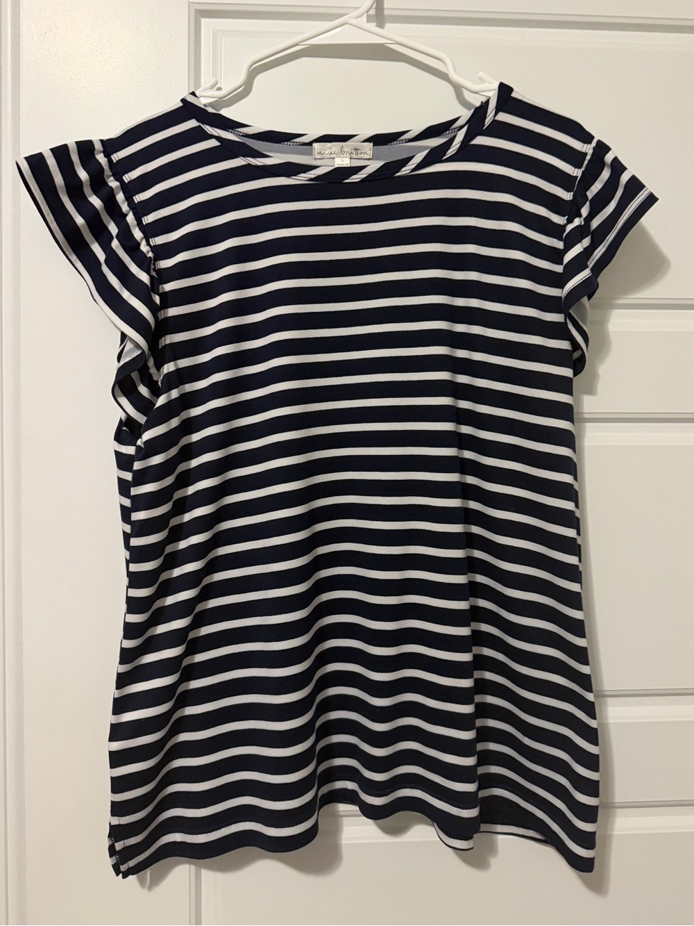 nine britton Navy and White Striped Ruffle Sleeve Tee